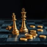 Roi d echecs renverse a cote d une tour en laiton sur echiquier avec pieces d or