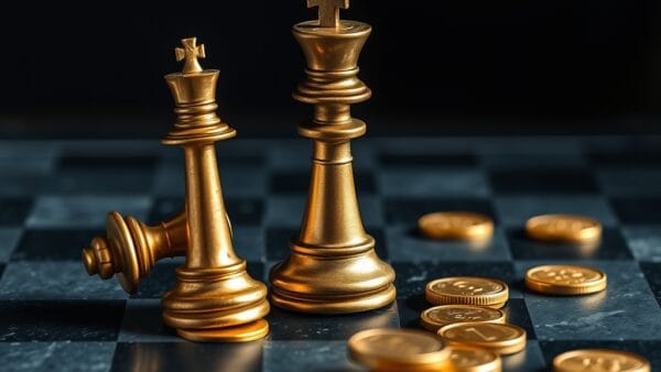 Roi d echecs renverse a cote d une tour en laiton sur echiquier avec pieces d or