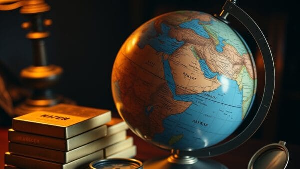 Globe terrestre focalise sur le Moyen-Orient avec lingots d or et boussole militaire