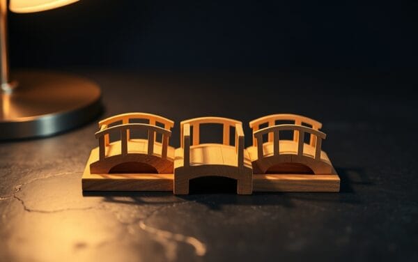 Trois petits ponts en bois miniatures côte à côte, métaphore des Layer 2 Ethereum