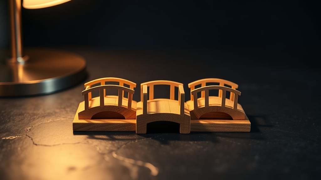 Trois petits ponts en bois miniatures côte à côte, métaphore des Layer 2 Ethereum