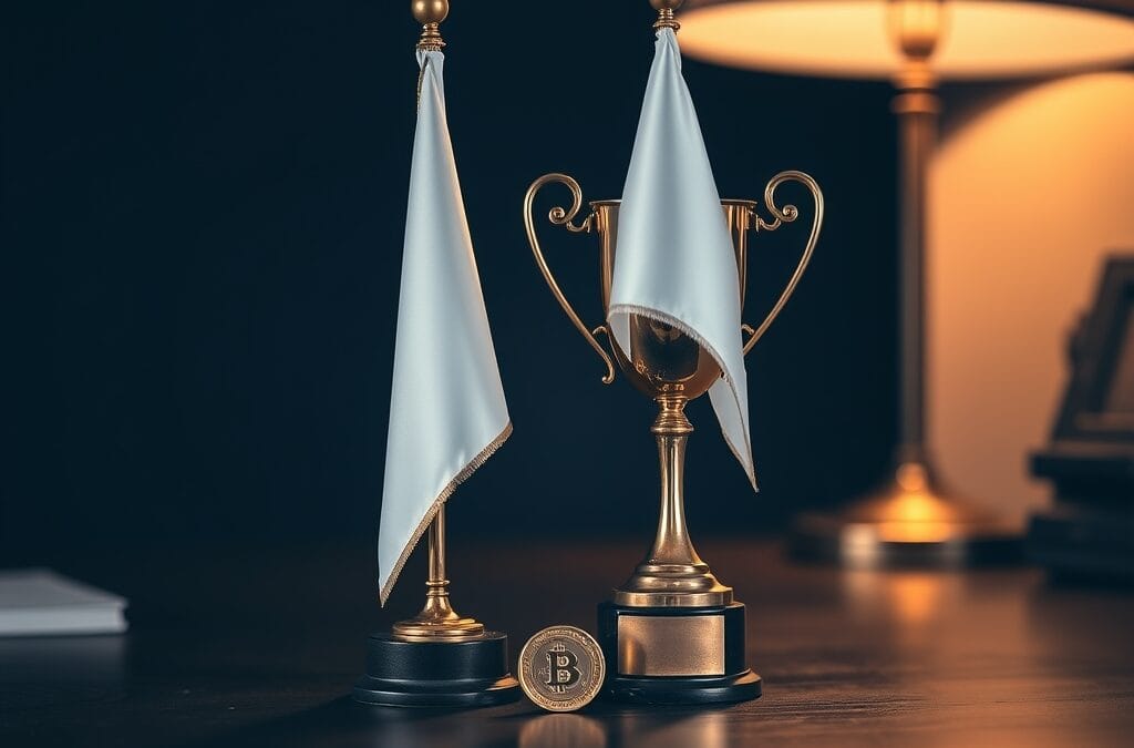 Trophée en laiton et drapeau blanc sur un bureau avec pièce d or au centre