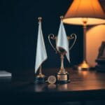 Trophée en laiton et drapeau blanc sur un bureau avec pièce d or au centre