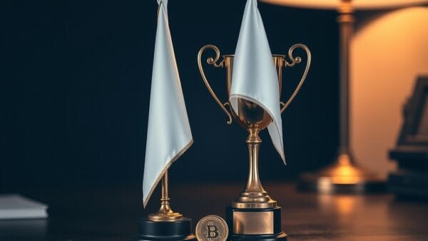 Trophée en laiton et drapeau blanc sur un bureau avec pièce d or au centre