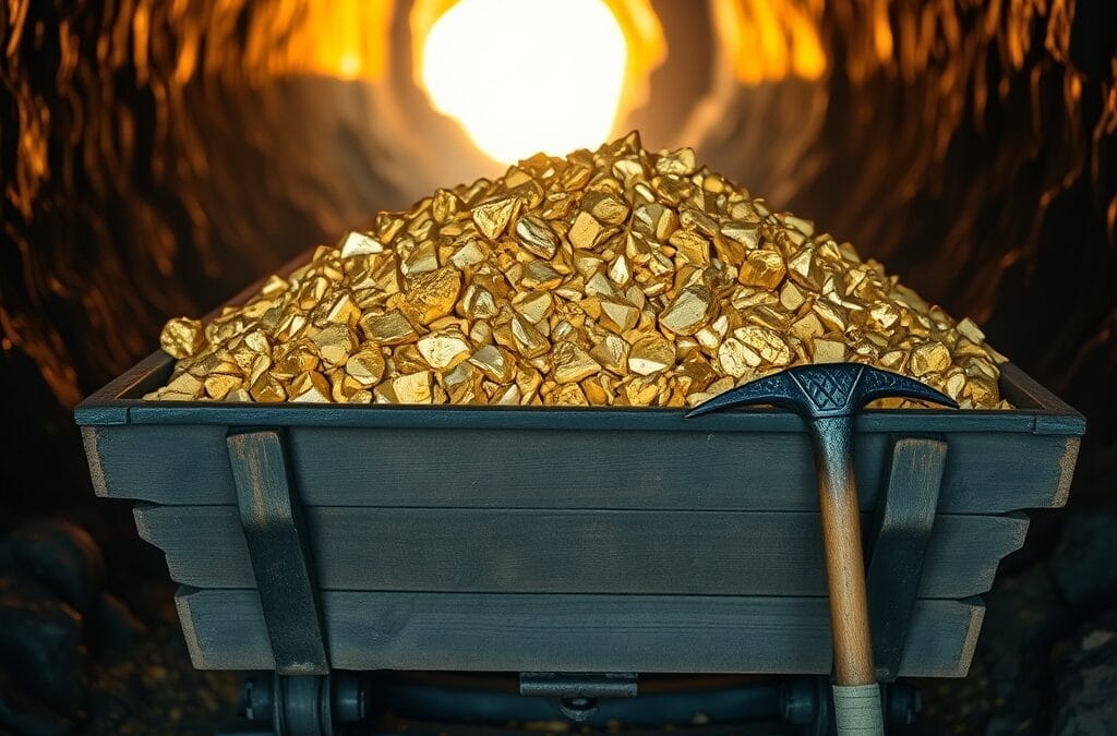 Chariot minier en bois rempli de pepites d or avec une pioche contre le mur