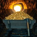 Chariot minier en bois rempli de pepites d or avec une pioche contre le mur