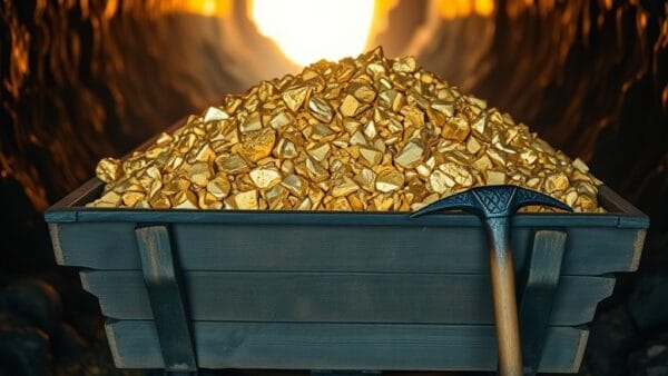 Chariot minier en bois rempli de pepites d or avec une pioche contre le mur