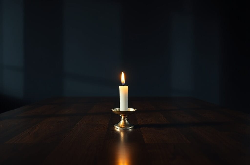 Bougie allumee solitaire dans un bougeoir en laiton sur une grande table sombre et vide