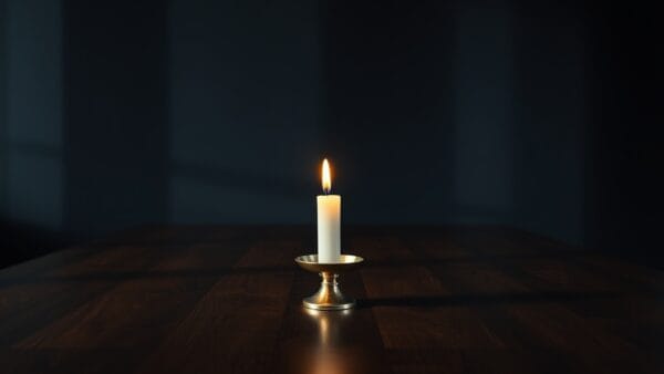 Bougie allumee solitaire dans un bougeoir en laiton sur une grande table sombre et vide