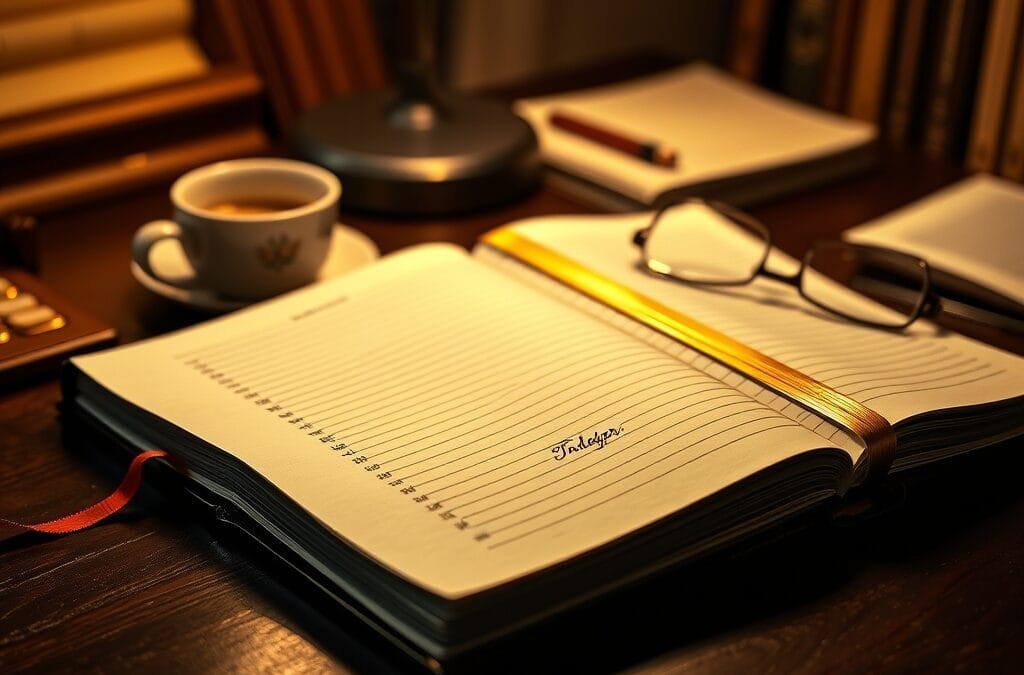 Grand livre en laiton se refermant sur un bureau avec marque-page dore et lunettes