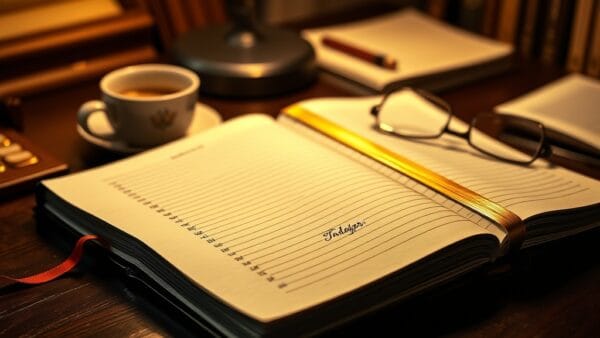 Grand livre en laiton se refermant sur un bureau avec marque-page dore et lunettes