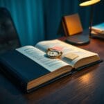 Classeur reglementaire europeen ouvert avec montre de poche en laiton sur bureau en chene