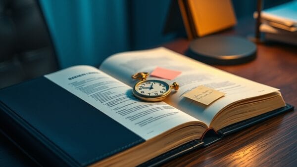 Classeur reglementaire europeen ouvert avec montre de poche en laiton sur bureau en chene