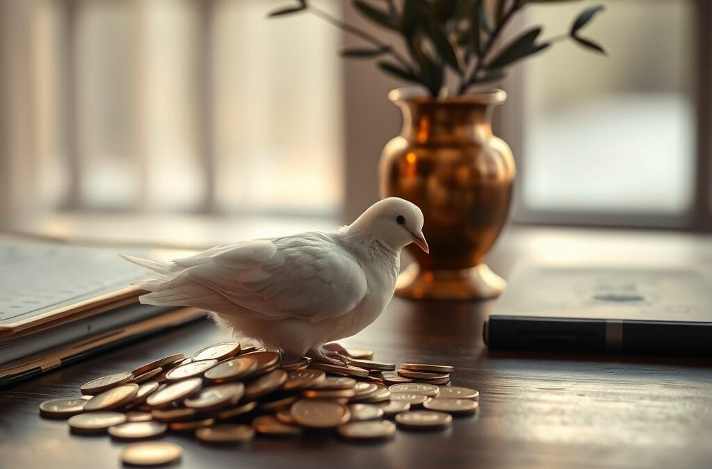 Plume de colombe blanche sur un tas de pieces dorees avec branche d olivier en vase