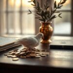 Plume de colombe blanche sur un tas de pieces dorees avec branche d olivier en vase