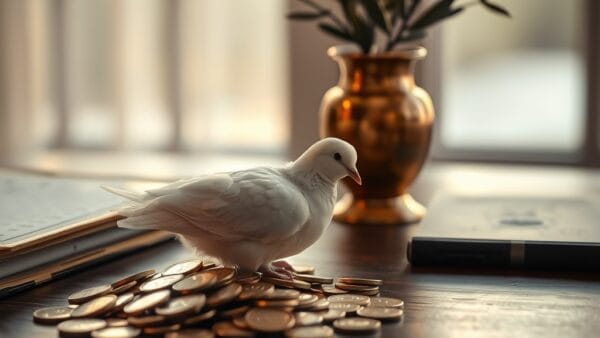 Plume de colombe blanche sur un tas de pieces dorees avec branche d olivier en vase