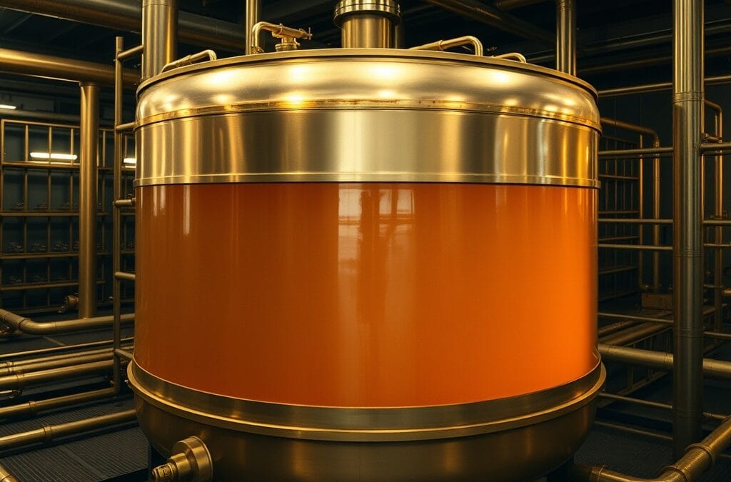 Reservoir en laiton rempli de liquide dore sur une plateforme industrielle sombre