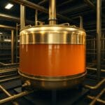 Reservoir en laiton rempli de liquide dore sur une plateforme industrielle sombre