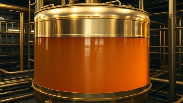 Reservoir en laiton rempli de liquide dore sur une plateforme industrielle sombre