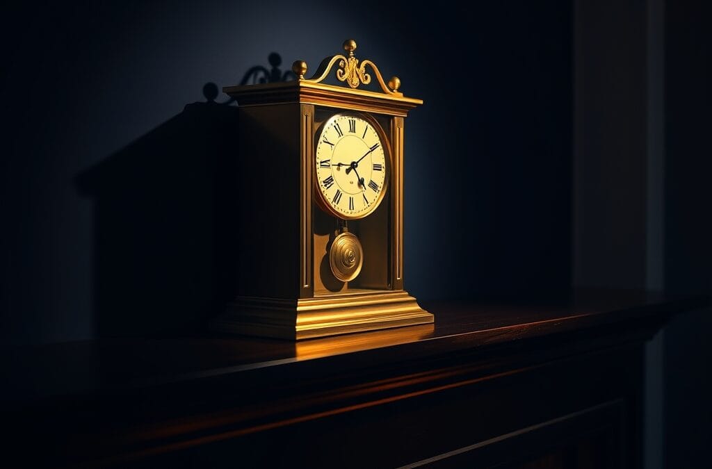 Horloge a pendule en laiton figee a l extreme gauche sur cheminee en bois sombre