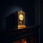 Horloge a pendule en laiton figee a l extreme gauche sur cheminee en bois sombre