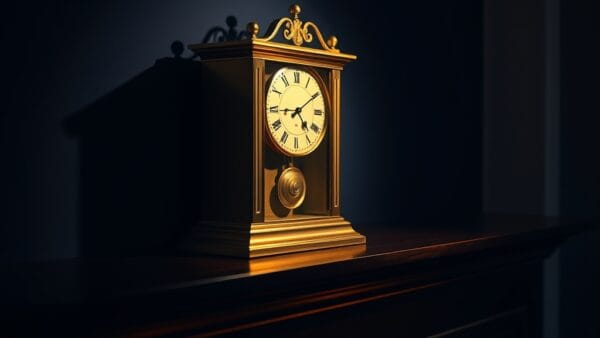 Horloge a pendule en laiton figee a l extreme gauche sur cheminee en bois sombre