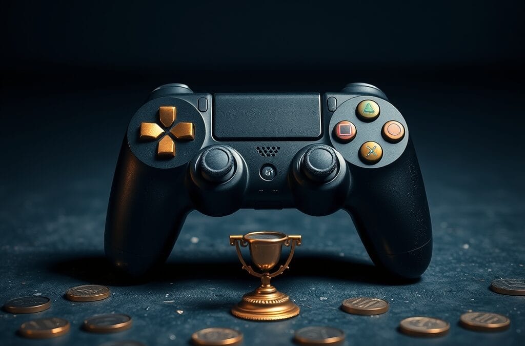 Manette de jeu usee avec boutons en laiton debout sur beton avec jetons metalliques