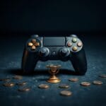 Manette de jeu usee avec boutons en laiton debout sur beton avec jetons metalliques