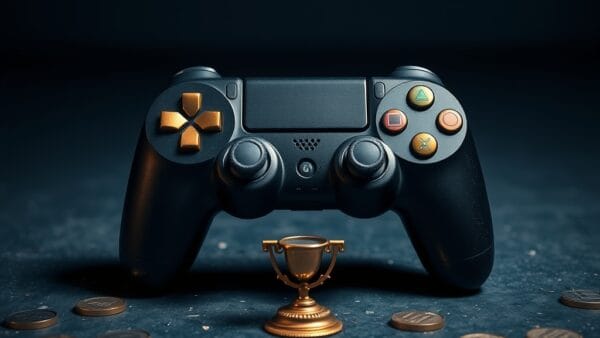 Manette de jeu usee avec boutons en laiton debout sur beton avec jetons metalliques