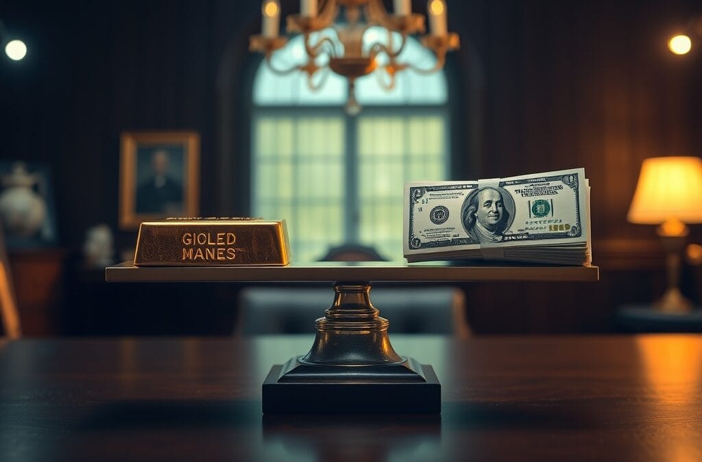 Balance a fleau en laiton equilibree avec lingot d or et billets sur bureau cerisier