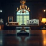 Balance a fleau en laiton equilibree avec lingot d or et billets sur bureau cerisier