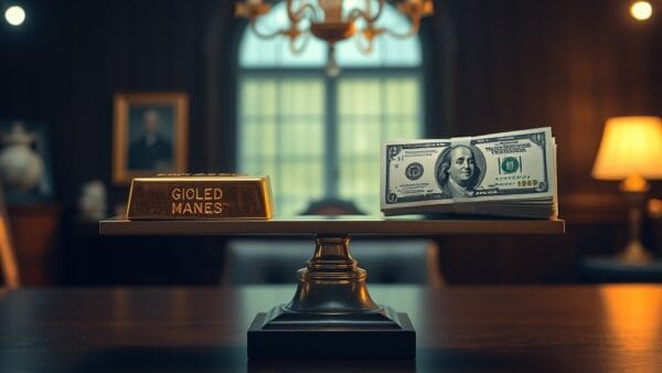 Balance a fleau en laiton equilibree avec lingot d or et billets sur bureau cerisier