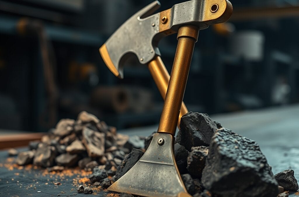 Pioche en laiton posee contre un tas de minerai brut sur un etabli en ardoise