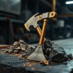 Pioche en laiton posee contre un tas de minerai brut sur un etabli en ardoise