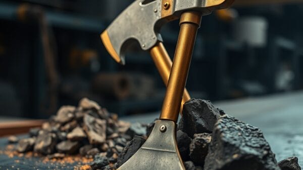 Pioche en laiton posee contre un tas de minerai brut sur un etabli en ardoise