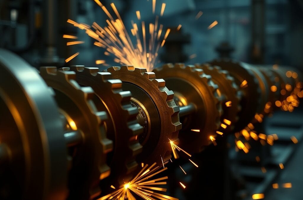 Engrenages industriels en laiton tournant en synchronisation dans une usine sombre