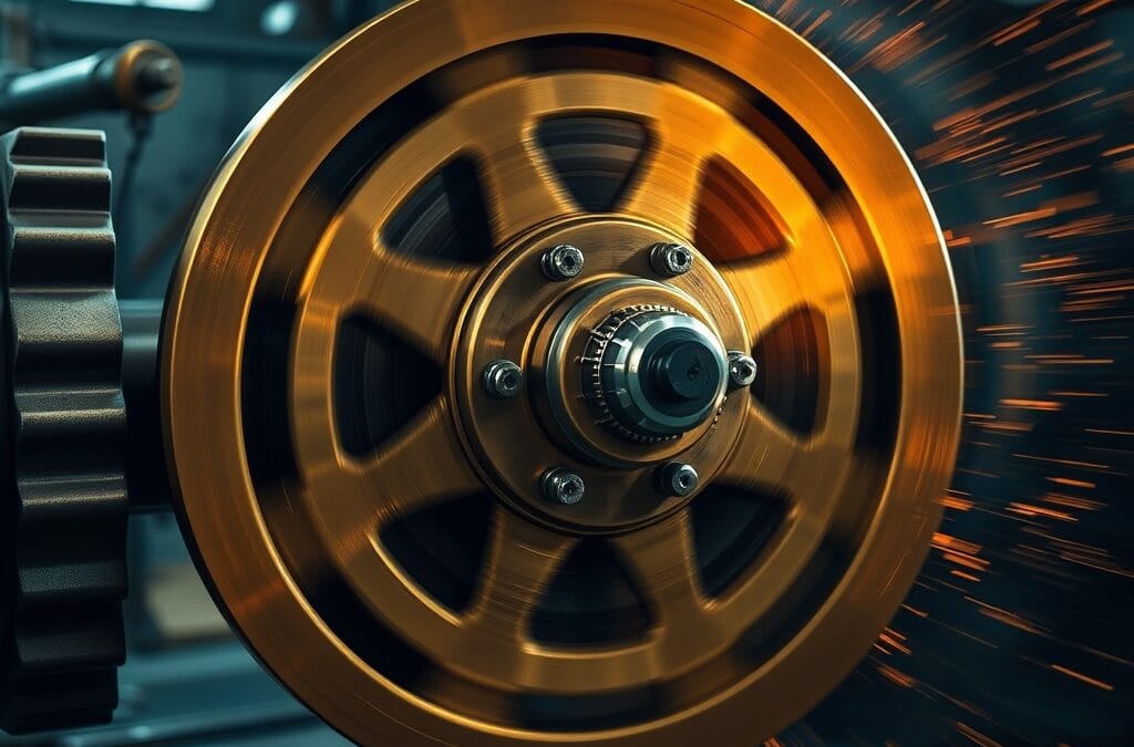 Volant d inertie en laiton tournant à haute vitesse sur un axe industriel sombre