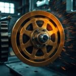 Volant d inertie en laiton tournant à haute vitesse sur un axe industriel sombre