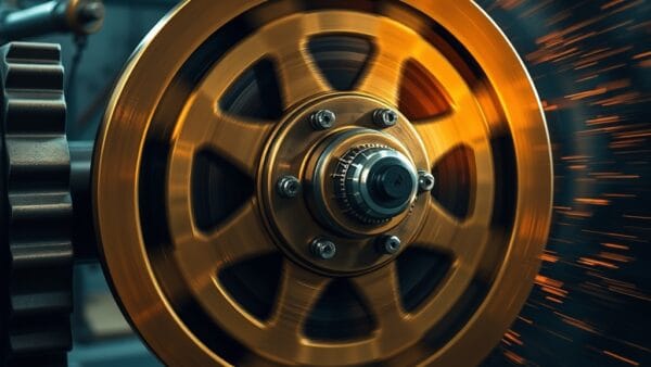 Volant d inertie en laiton tournant à haute vitesse sur un axe industriel sombre