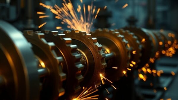 Engrenages industriels en laiton tournant en synchronisation dans une usine sombre