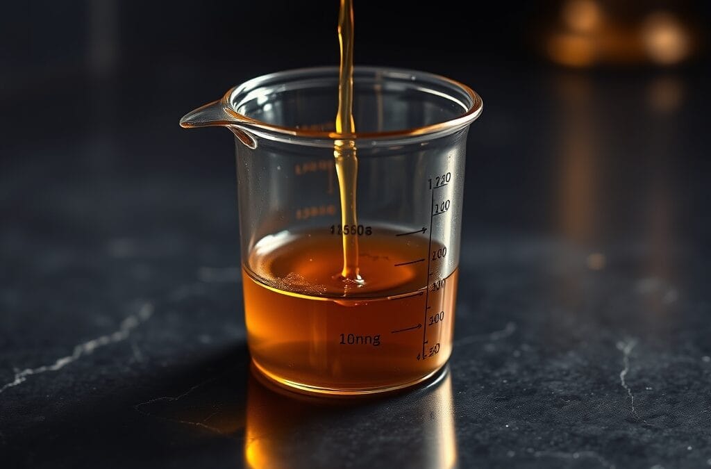 Tasse a mesurer en laiton debordant de liquide dore sur un comptoir en pierre sombre