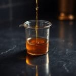 Tasse a mesurer en laiton debordant de liquide dore sur un comptoir en pierre sombre