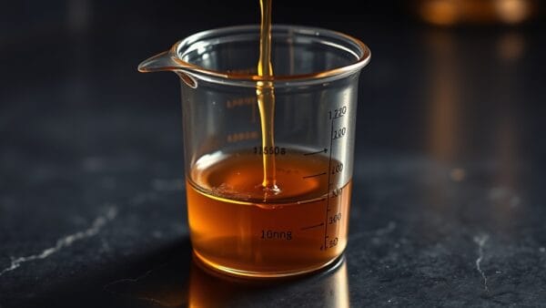 Tasse a mesurer en laiton debordant de liquide dore sur un comptoir en pierre sombre