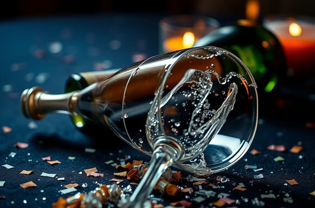 Flute a champagne brisee a cote d une bouteille fermee avec des confettis
