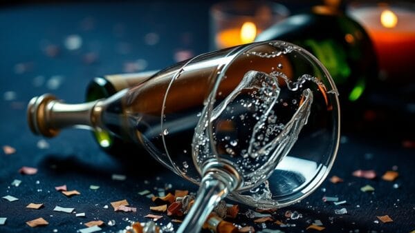 Flute a champagne brisee a cote d une bouteille fermee avec des confettis