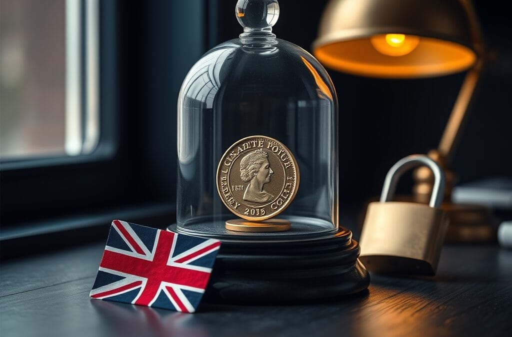Piece de livre sterling sous un dome en verre avec drapeau britannique et cadenas