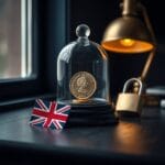 Piece de livre sterling sous un dome en verre avec drapeau britannique et cadenas