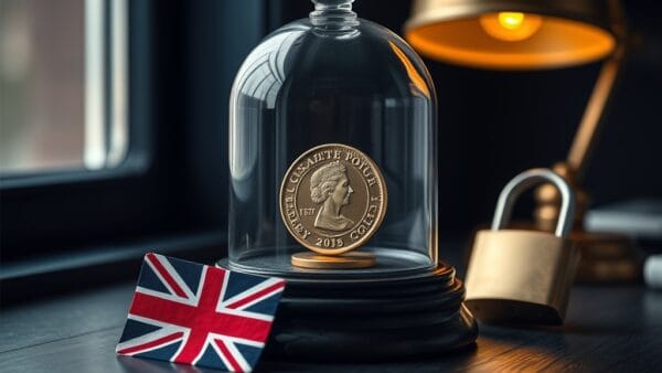 Piece de livre sterling sous un dome en verre avec drapeau britannique et cadenas