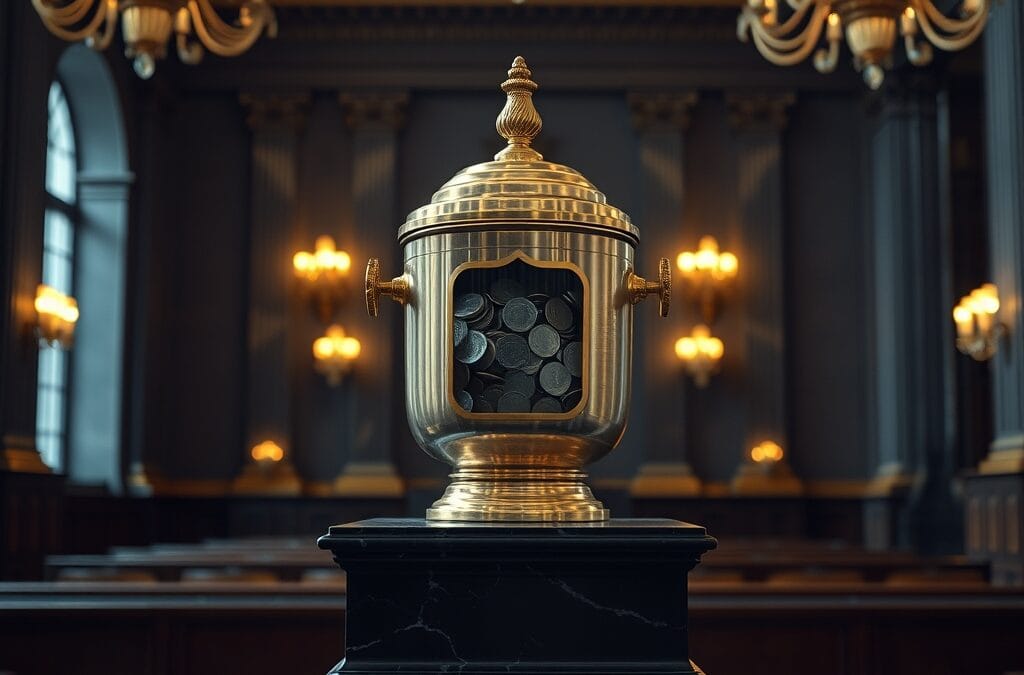 Urne de vote en laiton sur un piédestal en marbre dans un hall sénatorial avec pièces