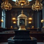 Urne de vote en laiton sur un piédestal en marbre dans un hall sénatorial avec pièces